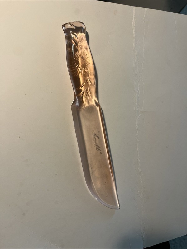 Vtg Pink Depression Glass Knife 9” Flower Handle Etched “Small” Pat .D. # 112059