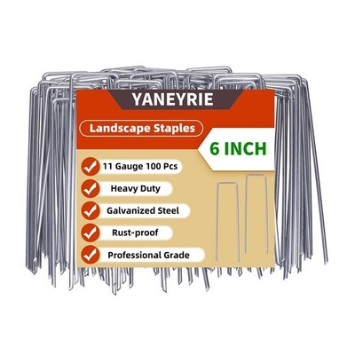 Galvanized U-Shaped Garden Stakes, 6 Inch 100 Pcs Landscape Staples, Ground S...