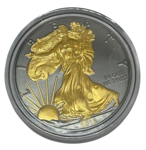 24K Gold Gilded 2-Sided Silver Eagle 1oz .999 American BU Coin 2016