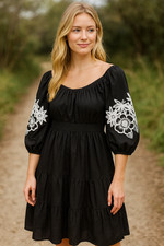 Oddi Women Small Black Boho Peasant Midi Dress Puff Sleeve Embroidered Floral