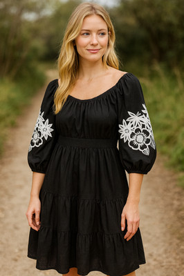 Oddi Women Small Black Boho Peasant Midi Dress Puff Sleeve Embroidered Floral