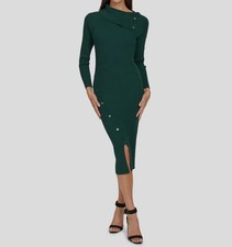 Calvin Klein Women's Green Rib-Knit Long Sleeve Stud Sheath Sweater Dress SZ M