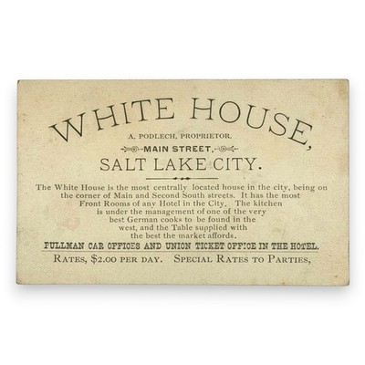 c.1888 White House Hotel Salt Lake City Utah A. Podlech Advertising Trade Card