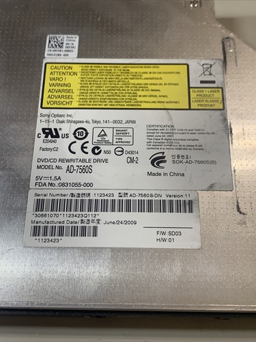 Dell AD-7560S Inspiron SATA DVD Writer Drive With Bracket - 0855R1 - No Bezel - Picture 3 of 7