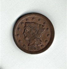 USA 1852 Braided Hair Large One Cent copper coin abt unc