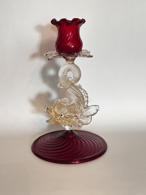 Vintage Italian Murano Archimede Seguso Glass Candle Stick with Dolphin