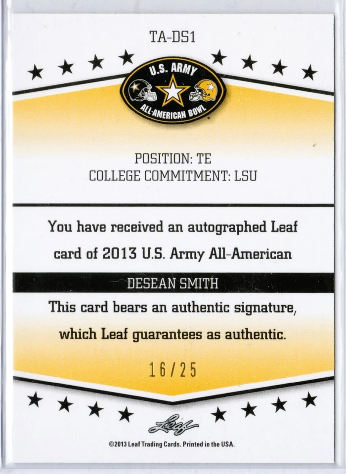 2013 DESEAN SMITH Leaf Army All-American Bowl Tour Autographs Green Ink /25 - Image 2 of 2