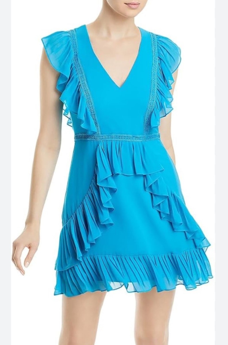 bcbg blue pleated dress BCBGMAXAZRIA Pleated Ruffled Mini Dress Blue Womens Size 0