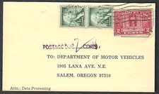 Beaverton, OR, 1965 attempted use of used 2c parcel post stamp, postage due
