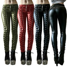 Women's Punk Style Leather Lace Up High Waist Pants Slim Fit Casual Pants