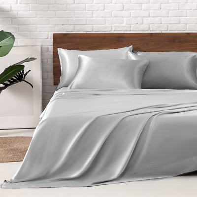 Silky Satin King Size Bed Sheets Set, 6 Pcs, Deep Pocket, Silver Grey