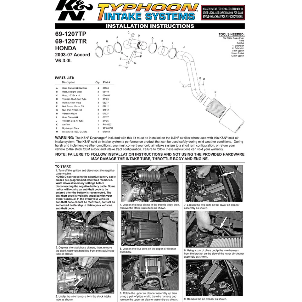 Kit de admisión de aire frío K&N 69-1207TR Performance para Honda Accord 2003-2007 3,0 L V6 Foto 4 de 4