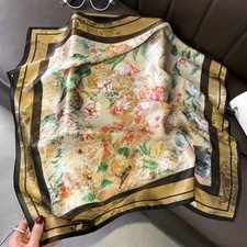 100 Silk Scarf Women Vintage Beige Flower Kerchief Square Bandana Wrap 68 68cm