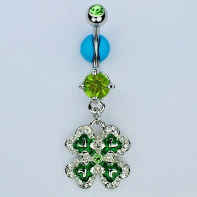 CLOVER Dangle Belly Button Ring St. Patricks Day Shamrock Navel Jewelry (C29)
