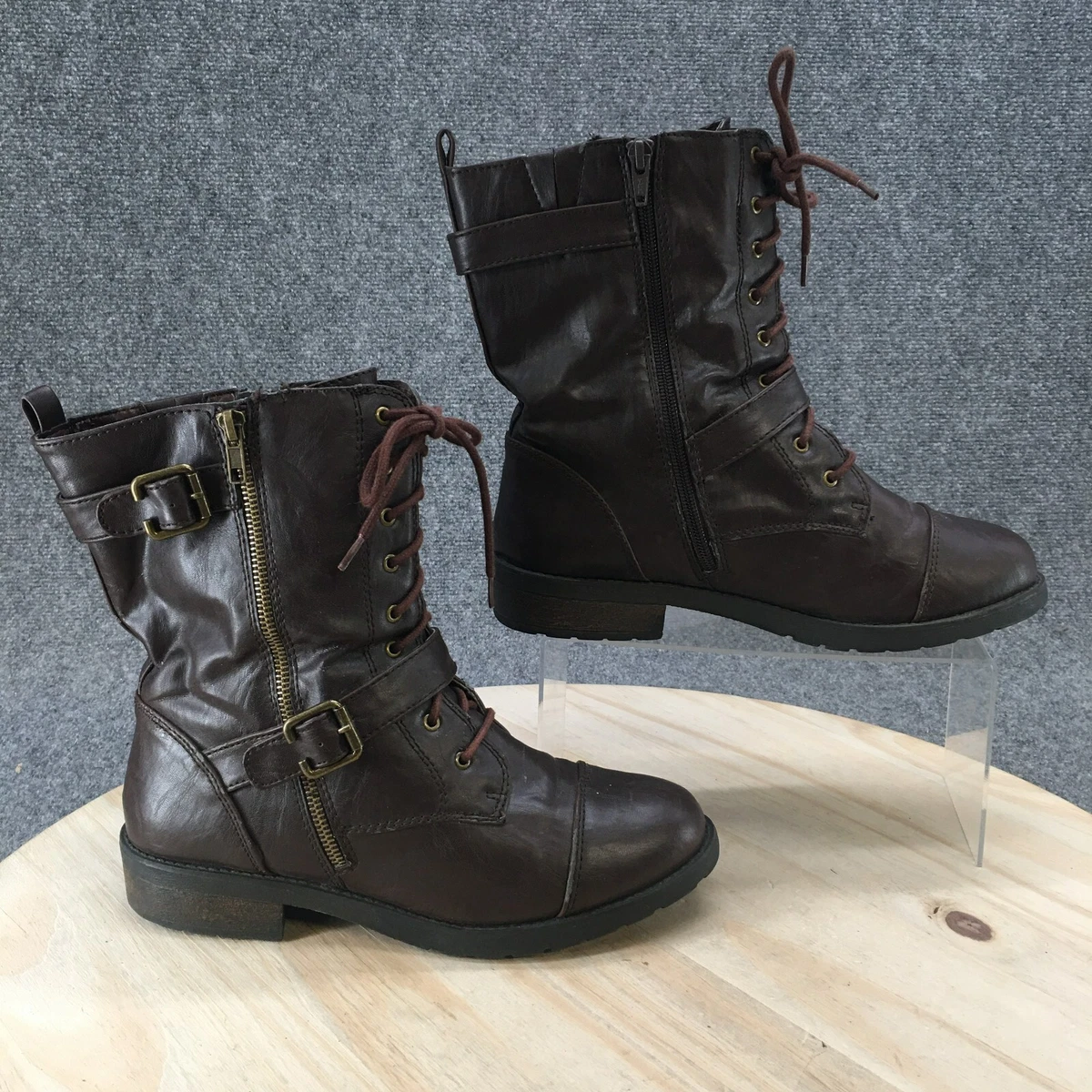White Mountain Combat Boots Womens 9.5 M Fido Brown Faux Leather Lace Up W15280Z