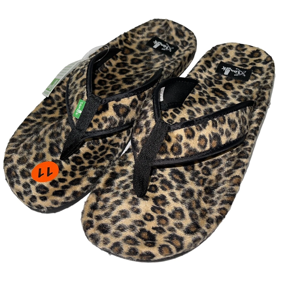 Sanuk Flip Flops Mens Leopard Faux Fur Comfort Sandals Slippers Tarzan  Classic