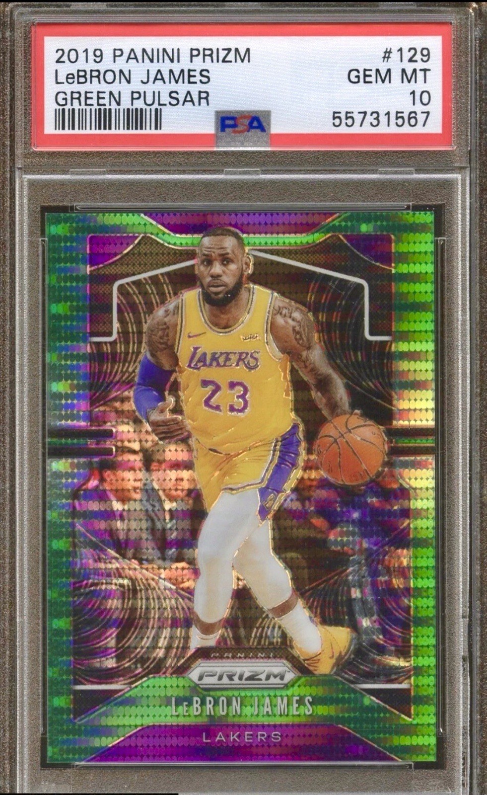 2019-20 Panini Green Pulsar Prizm #129 LeBron James Lakers 21/25 PSA 10