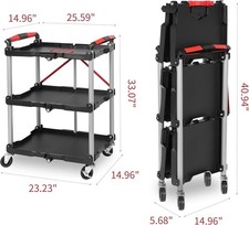 3 Shelf Heavy Duty Plastic Rolling Cart with 360  Foldable Utility Service Cart