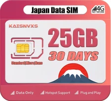 Japan Prepaid SIM Card - 25GB 30 Days - 4G 5G LTE Data Only
