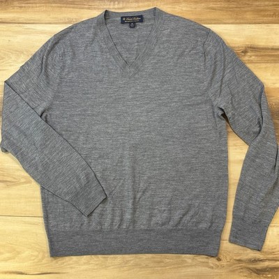 Brooks Brothers Sweater Mens M V-Neck Merino Wool Classic Grey Minimalist