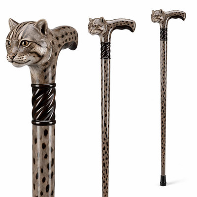 Hand Carved Fishing Cat Walking Cane with Artisan Teak Handle and Spotted