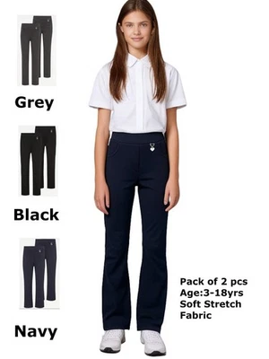 2er Pack Mädchen Jersey Pull Up Schulhose Slim Leg Uniform Herz Anhänger 3-18y