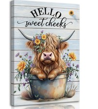 Funny Highland Cow Bathroom Canvas Wall Art Farmhouse 16"L x 12"W,
