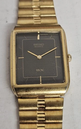 Vintage Seiko SX Tank Watch Mens Gold Tone Black Dial Rectangle V701-5K00 Runs