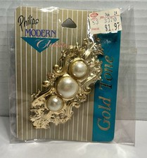 Vintage NOS Philips Faux Pearl Gold Tone Ornate Metal Barrette 4 39014