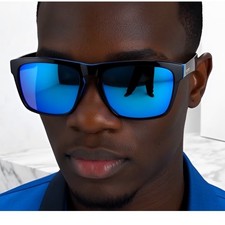 Polarized Sunglasses Men Blue Mirror Lens Black Blue Frame Sporty Style Athletic