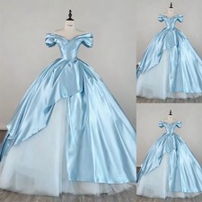 Princess White and Blue Wedding Dresses Tulle Satin A Line Off the Shoulder Gown