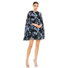 Mac Duggal Floral Cape Dress Sheer Mesh Blue Flowers Ruffle Hem Party Evening