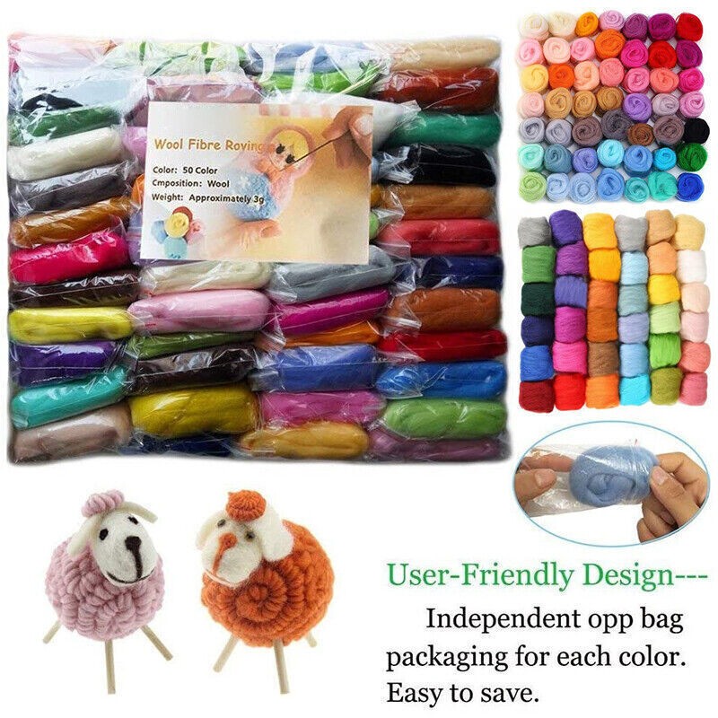 50 Colors Needle Felting Wool DIY Craft Materials For Wool Felting Yarn ...