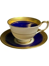 4" Aynsley England Buckingham Cobalt Blue & Gold Footed Cup & Saucer Set Bone Ch