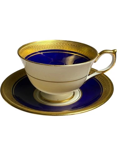 4" Aynsley England Buckingham Cobalt Blue & Gold Footed Cup & Saucer Set Bone Ch