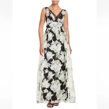 VERA WANG Floral Burnout Illusion Gown Dress Black White Sz 6