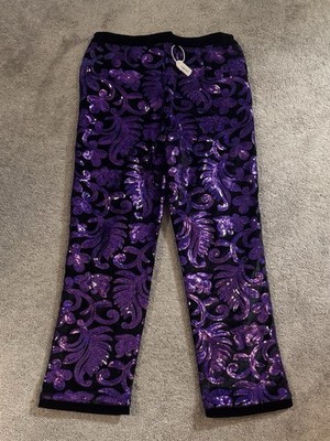 CARFFIV Men Medium Fashion Floral Shiny Sequin Velvet Pants Purple Festival Rave