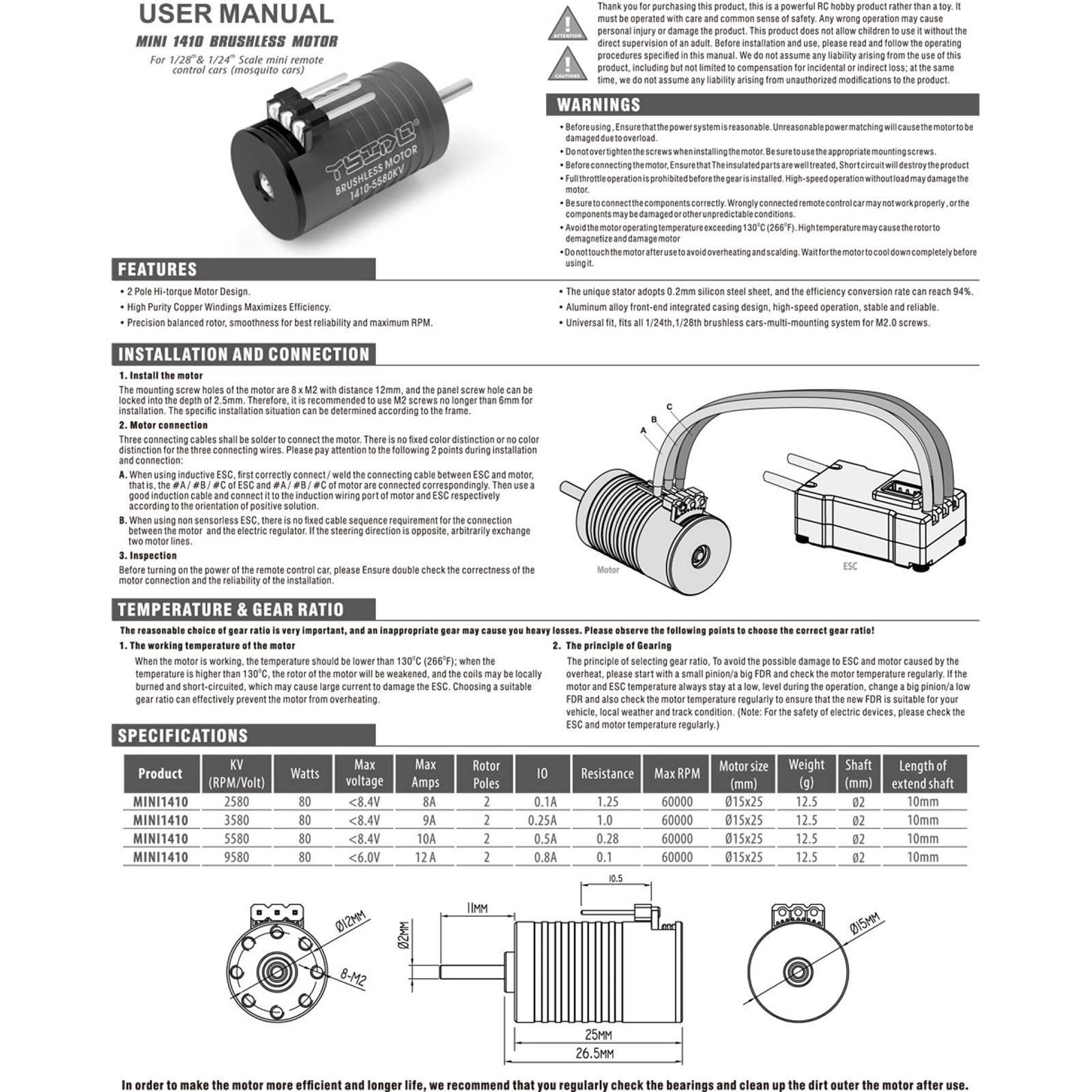 6000RPM 8.4V/8.4V/8.4V/6.0V Max RPM 6000 9580KV RC Car Brushless Motor e