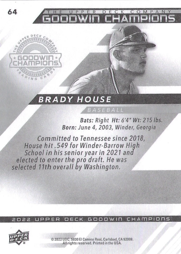 2022 Upper Deck Goodwin Champions - #64 Brady House - Image 2 of 2