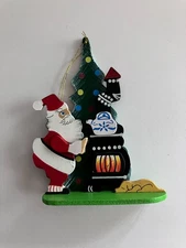 1983 Emgee Schmid Wooden Santa by Wood Stove, Tree & Dog Ornament