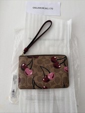New Coach Corner Zip Wristlet - CZ450 Tan Signature Canvas w/ Cherry Print - NWT