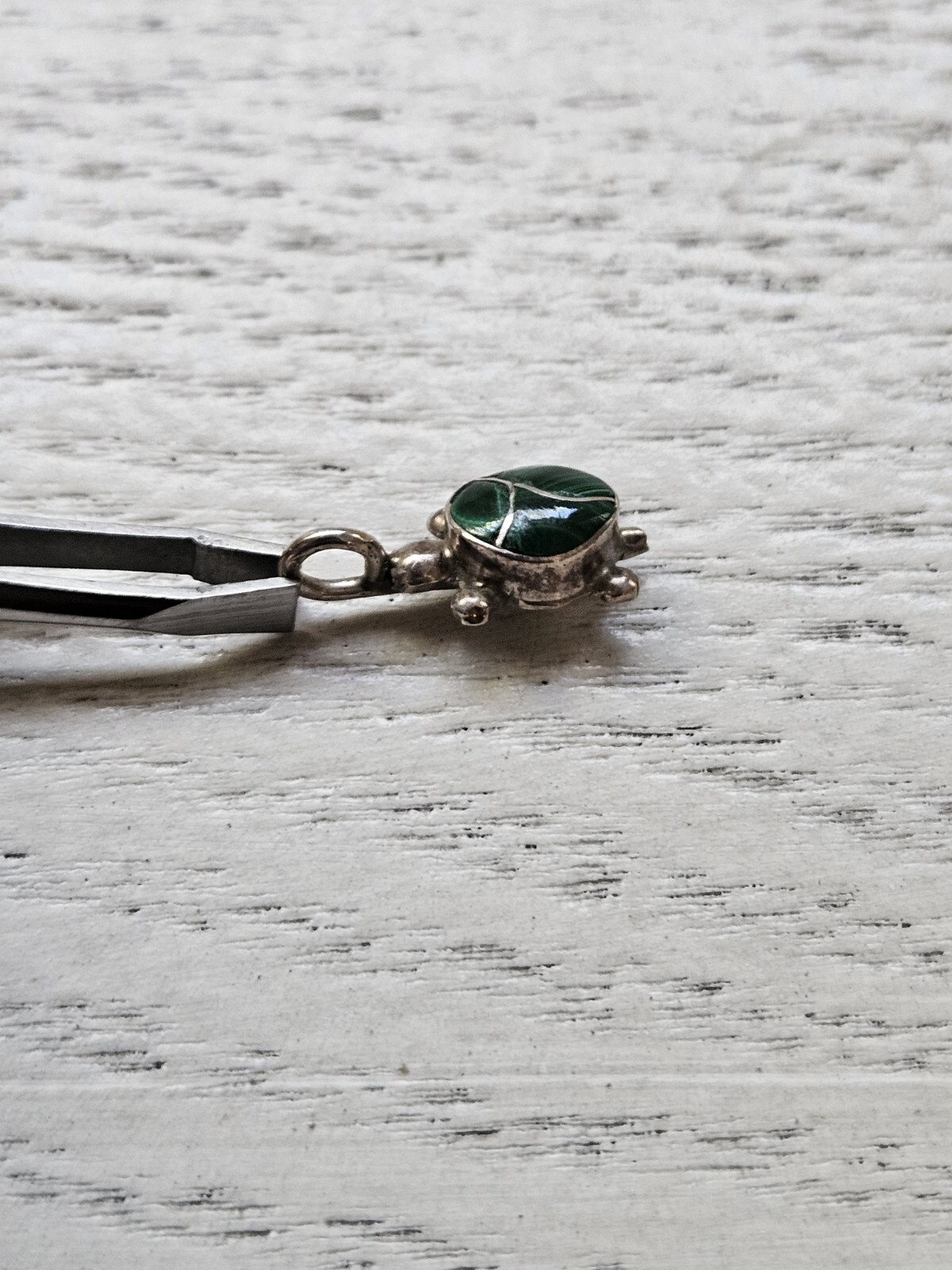 Tiny Silver & Green Malachite Turtle Necklace Pen… - image 3