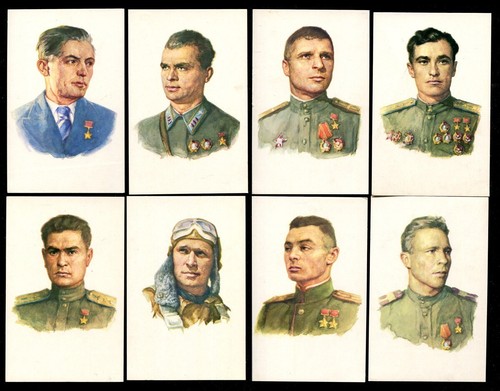 SEGUNDA GUERRA MUNDIAL, HÉROES DE LA UNIÓN SOVIÉTICA, JUEGO DE 16 POSTALES RUSAS, 1970, CON CARPETA - Imagen 2 de 4