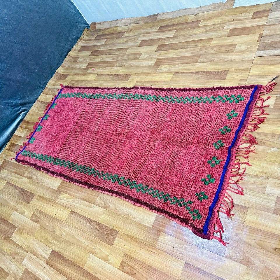 Red Pink Moroccan Rug Green Blue Border Vintage Berber Wool Tribal Carpet Runner - Image 2 of 4