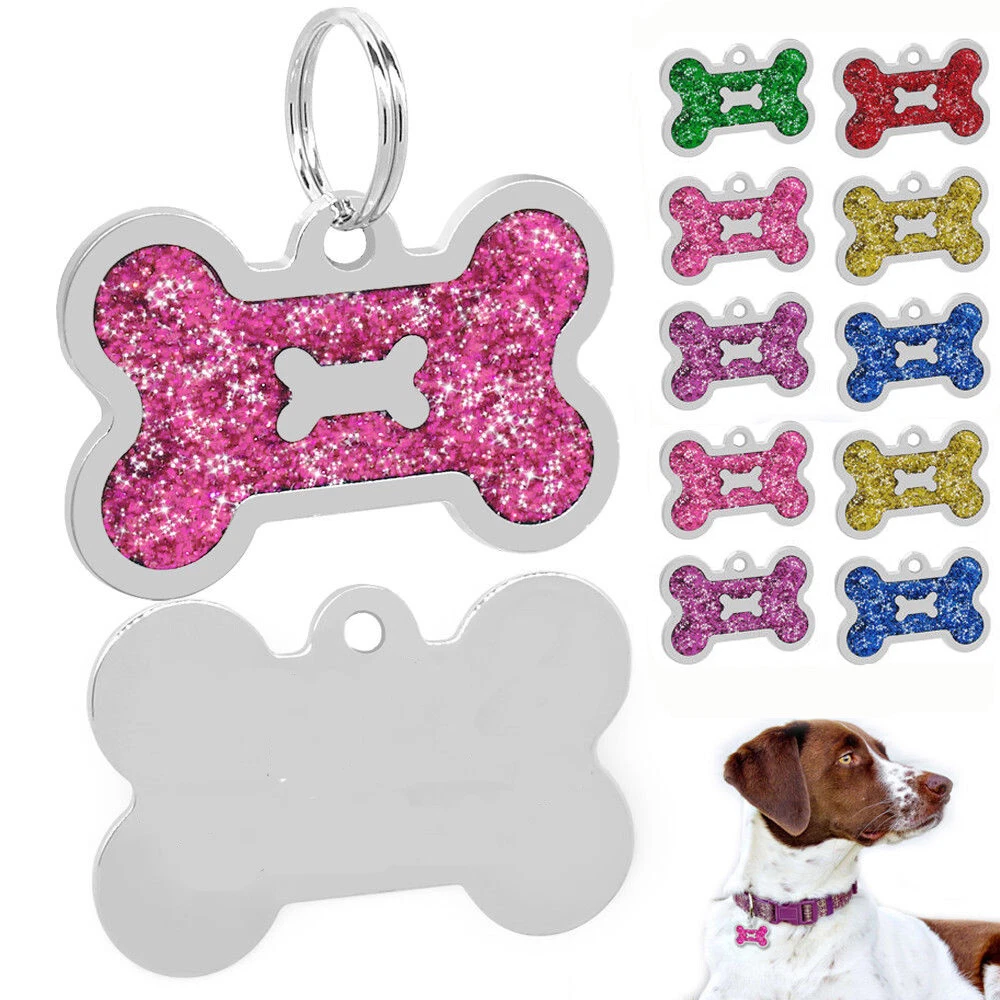 Bone Glitter Personalized Dog Tag Engraved+Ring Pet Puppy Cat ID Name  Collar Tag