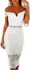 NWT Shawhuwa M Womens Sexy Off Shoulder Bodycon Party Club Midi Dress WHITE LACE