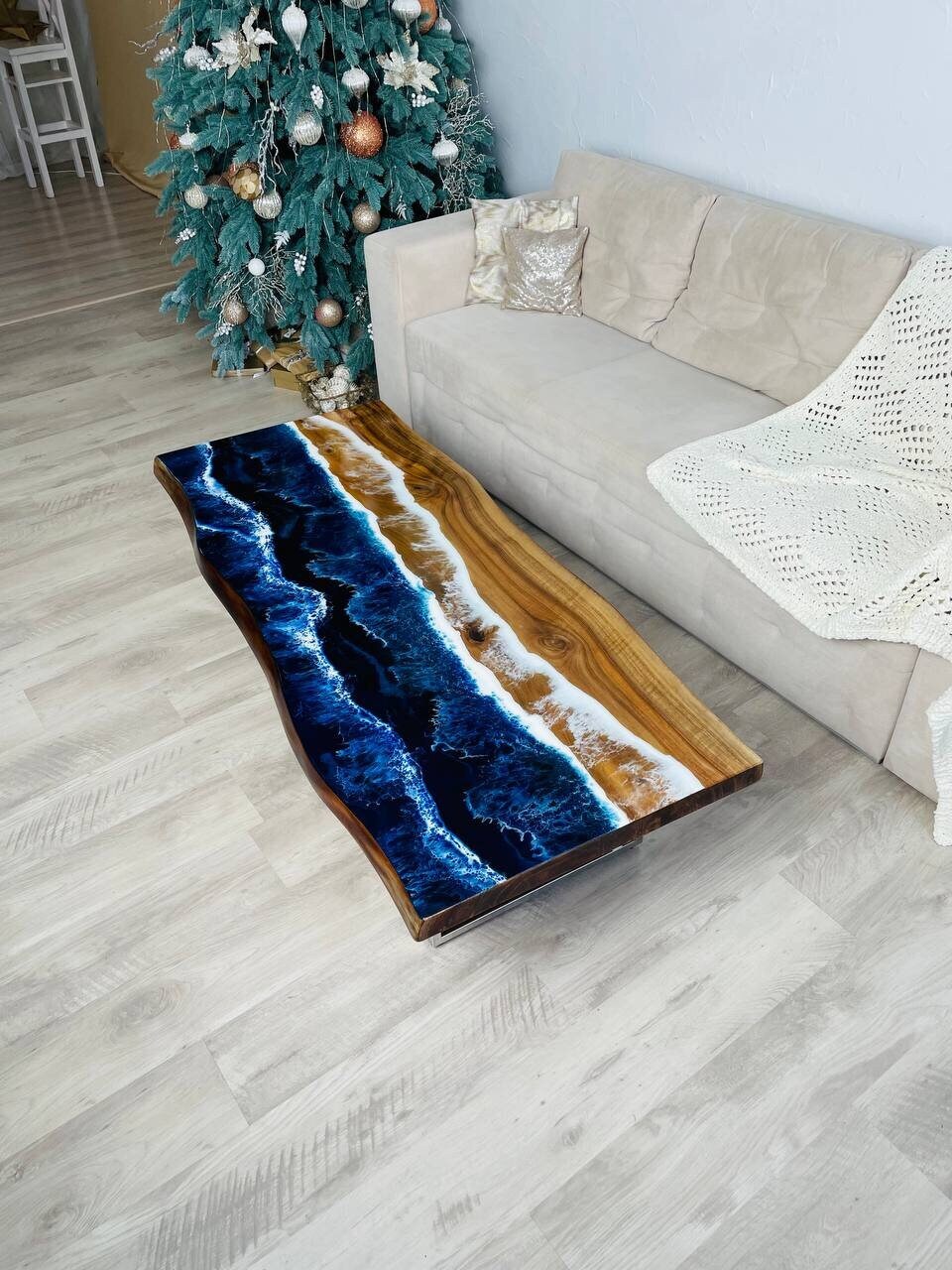 Epoxy Ocean Waves Dining Table with Acacia Wood Live Edge