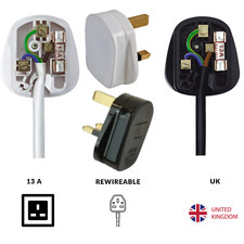 3 Pin Fused Plug Top Mains Power UK 13A Black White Rewireable Household Replace