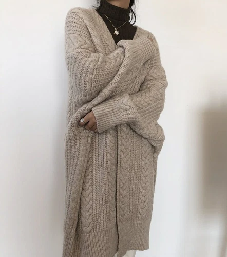 New Men's Womens Chunky Knit Sweater Open Front Pocket Coat Long Cardigan Jacket - Picture 7 of 17