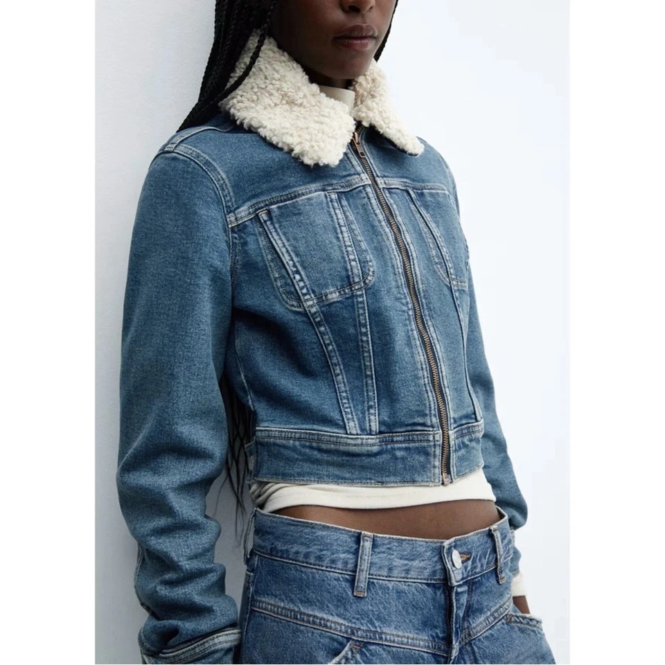 NWT Mango Mng Removable Shearling Collar Denim Jacket Blue XS (Orig. $100) - Image 3 of 4